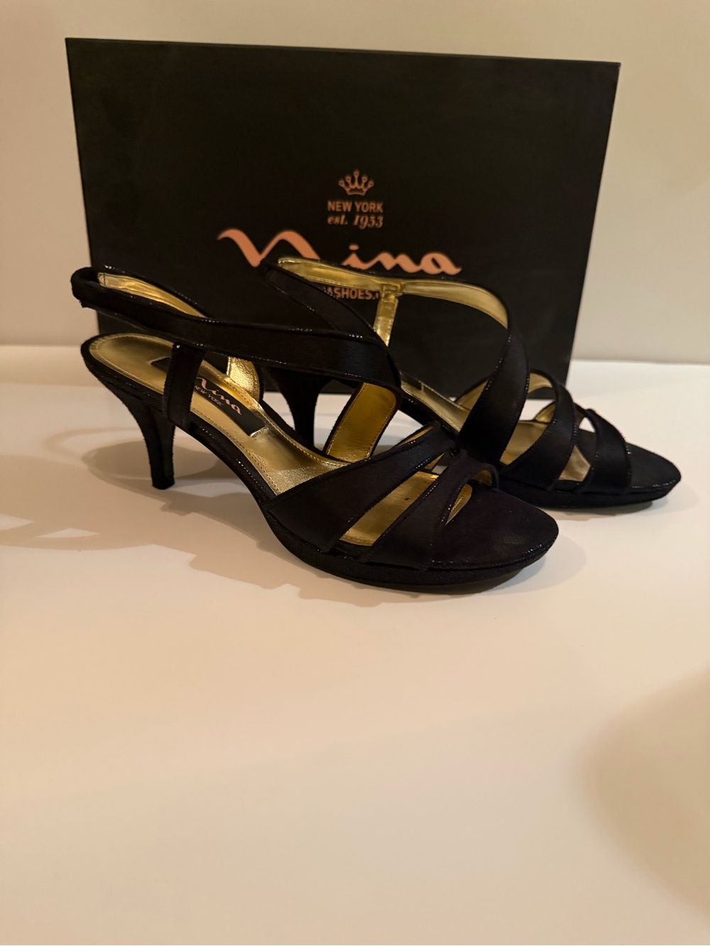 Nina Black Satin Strappy Slingback Heels